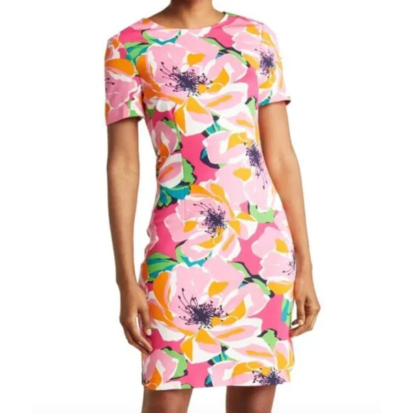 Trina Turk Zap Botanical Medley Short Sleeve Shift Knit Dress Size M - Picture 1 of 9